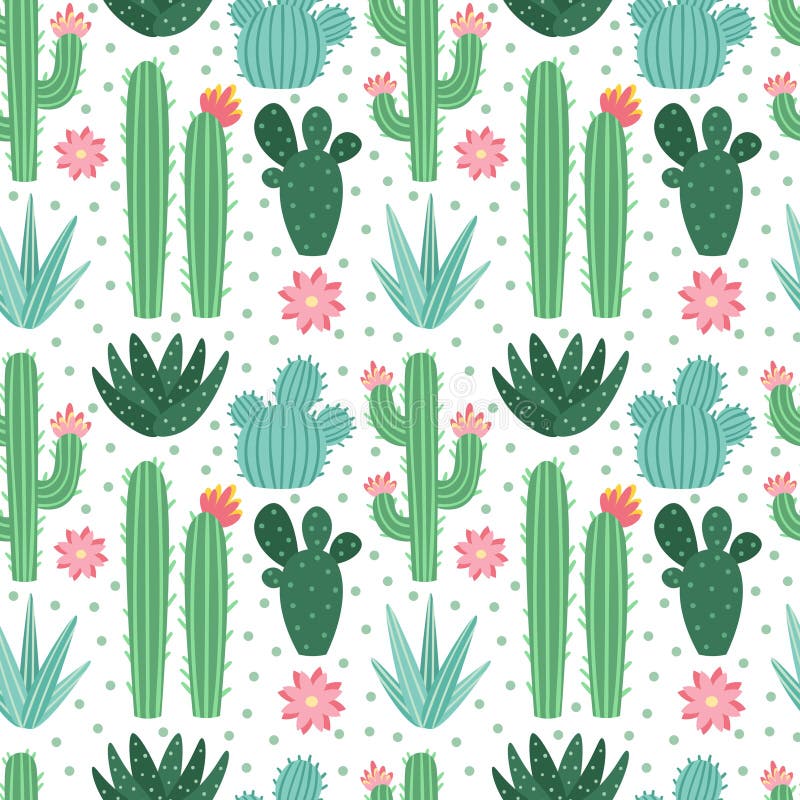 Seamless cactus pattern. Exotic desert cacti houseplants, repeating cactuses vector background