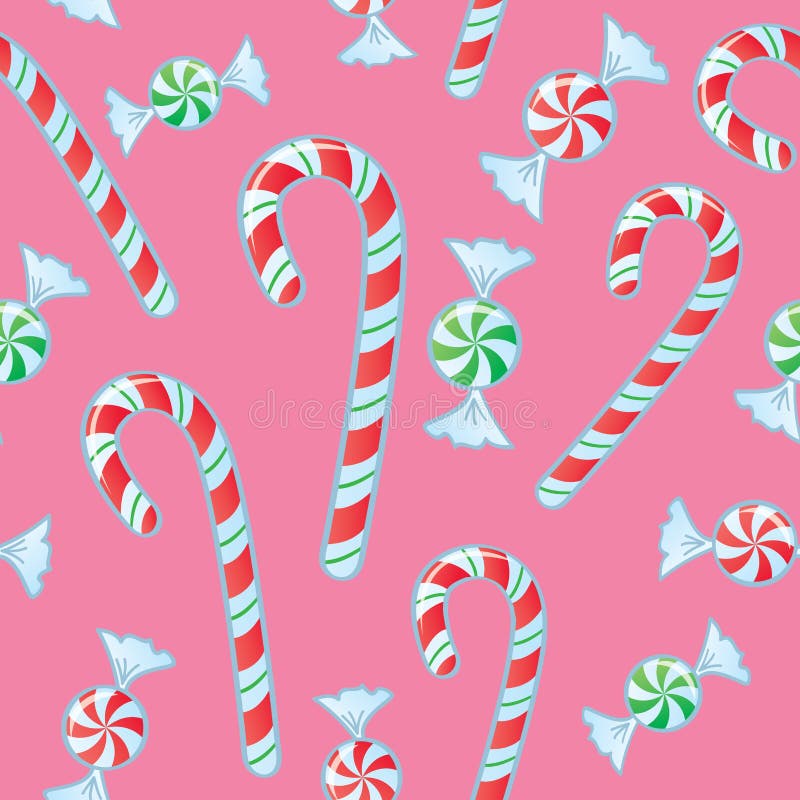 A seamless pattern of candy canes and mint candies wrapped in cellophane. Peppermint stripes vectors