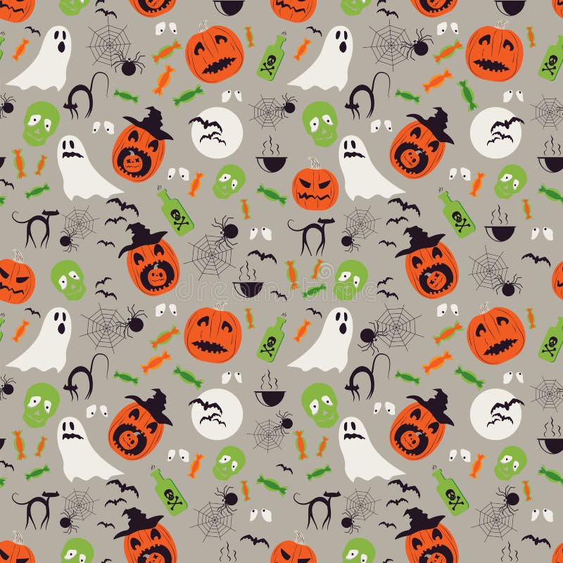 Seamless cartoon Halloween pattern. Halloween ghosts, spiders network and pumpkin boo characters. royalty free illustration Seamless cartoon Halloween pattern. Halloween ghosts, spiders network and pumpkin boo characters. royalty free illustration