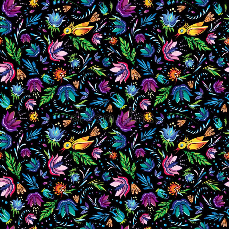 Seamless cartoon hand-drawn pattern with flowers and bird. vector illustration