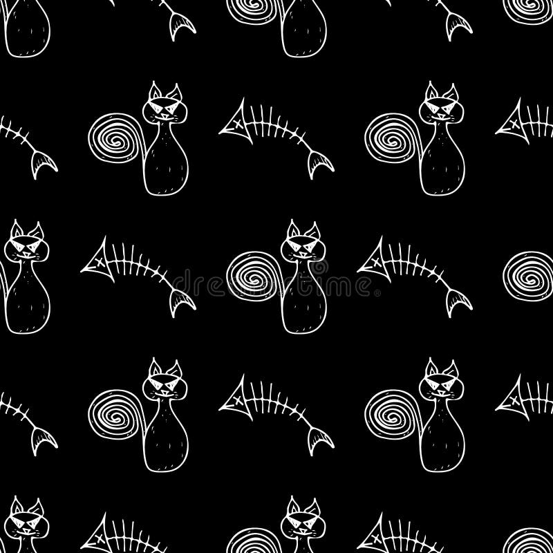 Seamless Cat and Fishbone Halloween Outline, Great Design for Any ...