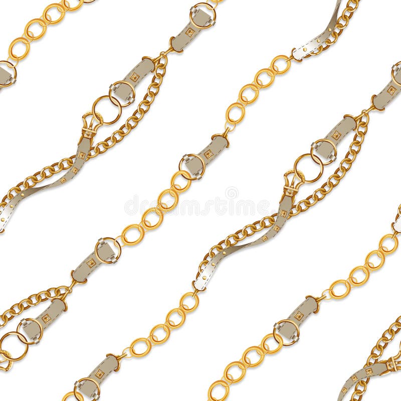 Seamless chains and green belts pattern. Repeat design. Curved waves, chains.
