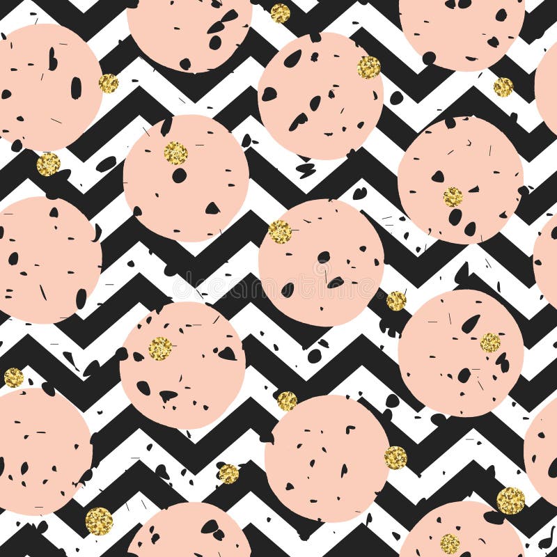 Seamless chaotic particles pattern. Golden, pink dots on chevron pattern stock illustration