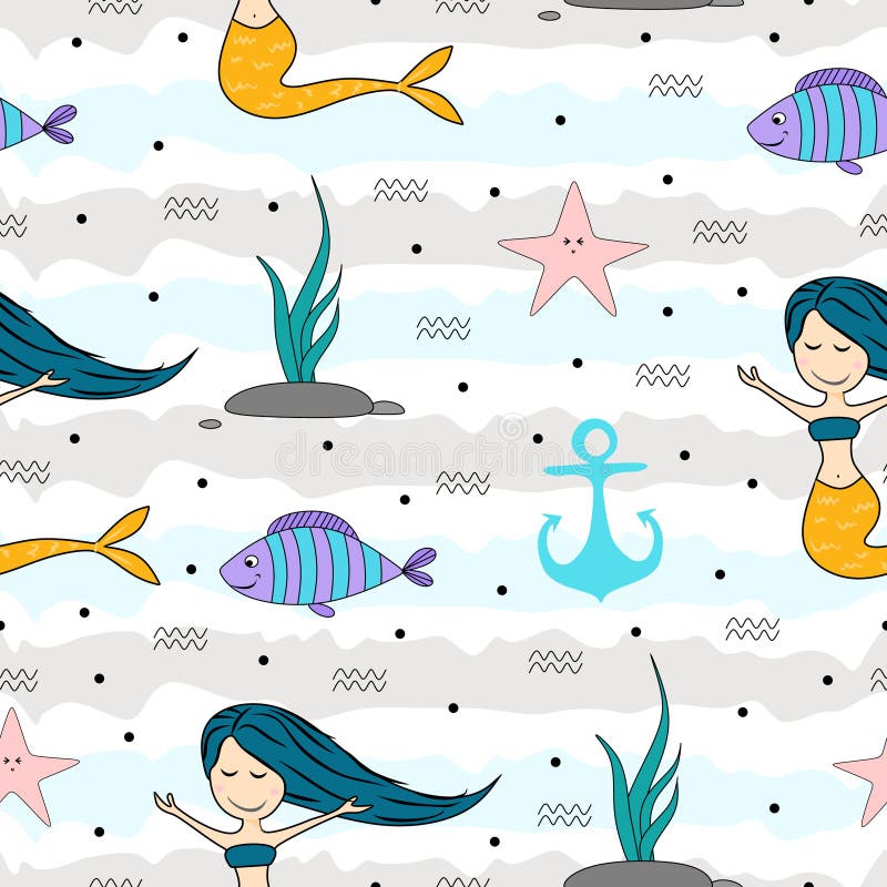 Seamless childish pattern with cute mermaids colorful summer design theme. Undersea vector trendy texture.Perfect for fabric