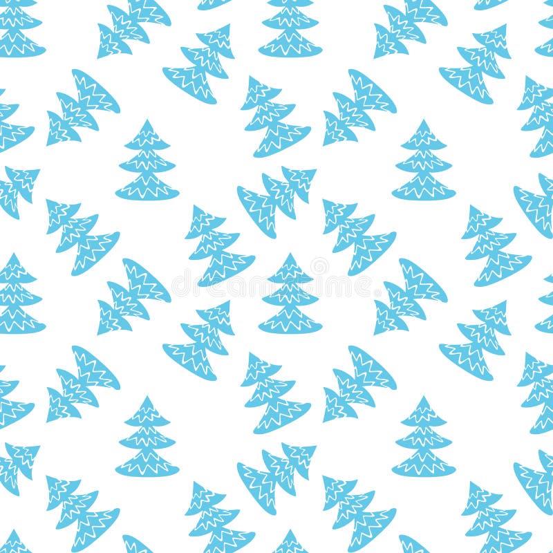 Seamless christmas pattern with blue pines trees on snowy white background in vector. Scandinavian style vector illustration