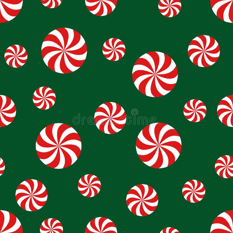 Seamless Christmas pattern with candy on green background.