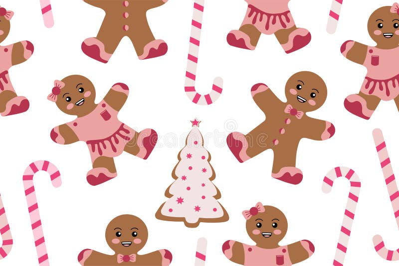 Seamless Christmas Pattern with Gingerbread Man and Candy Cane. Festive