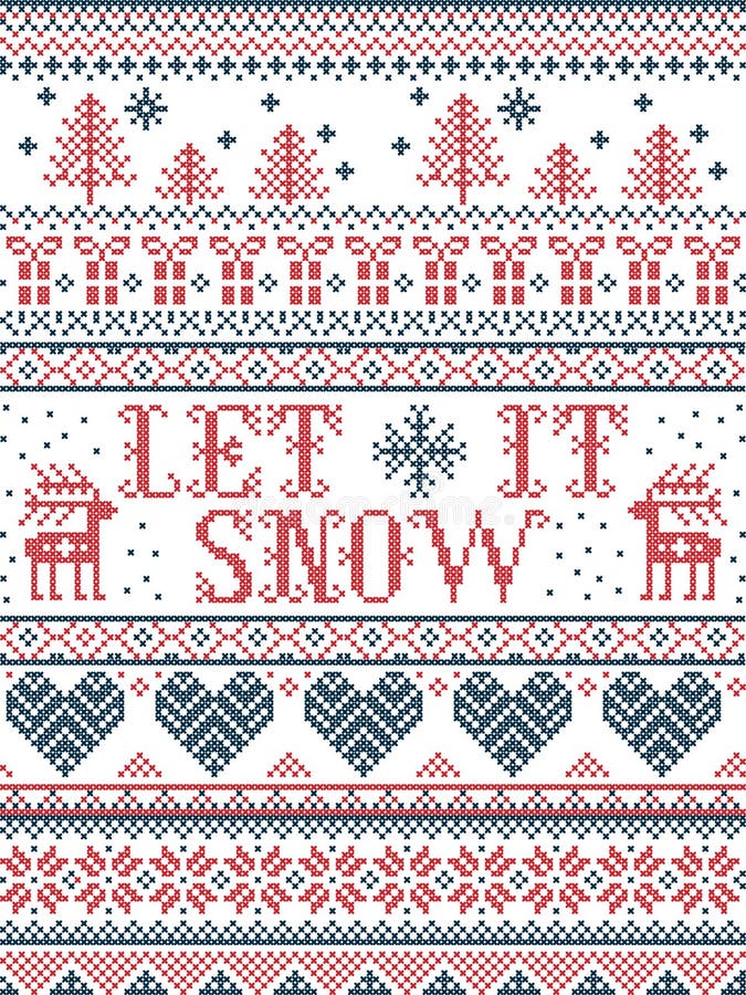 Seamless Christmas pattern Let it Snow Scandinavian style, inspired by Norwegian Christmas, festive winter in cross stitch