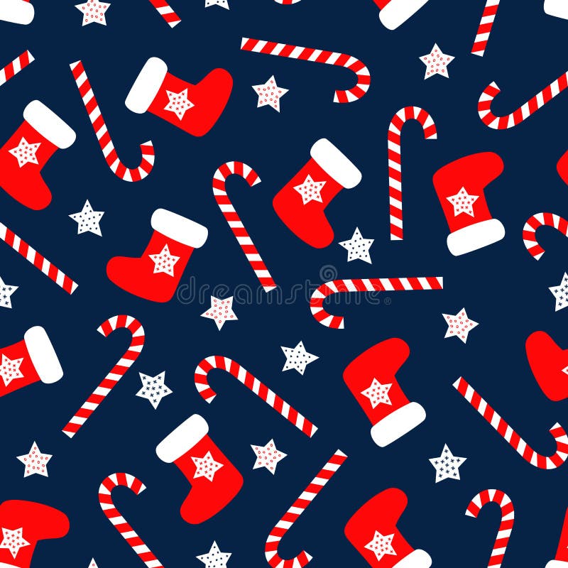 Seamless Christmas pattern with xmas socks, stars and candy canes. Happy New Year and Merry Xmas background. Vector design for winter holidays. Winter holidays vector texture. Merry Xmas card.