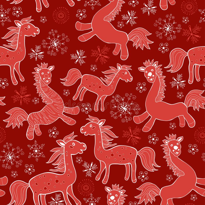 Seamless With Christmas Red Drawing Horses Stock Vector Illustration