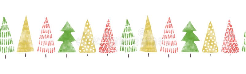 Seamless Christmas tree border hand drawn watercolor. Decorative hand painted repeating Winter holiday design for vector illustration Seamless Christmas tree border hand drawn watercolor. Decorative hand painted repeating Winter holiday design for vector illustration