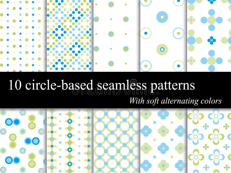 10 seamless circle patterns. 10 circle-based dotted vector seamless patterns with a soft alternating colors theme, arranged by layers with a single element and a pattern example for each item