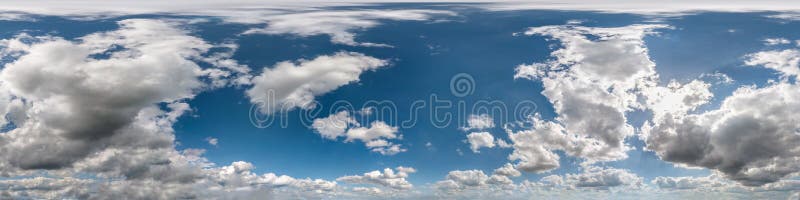 Seamless cloudy blue sky hdri panorama 360 degrees angle view with zenith and beautiful clouds for use in 3d graphics as sky dome