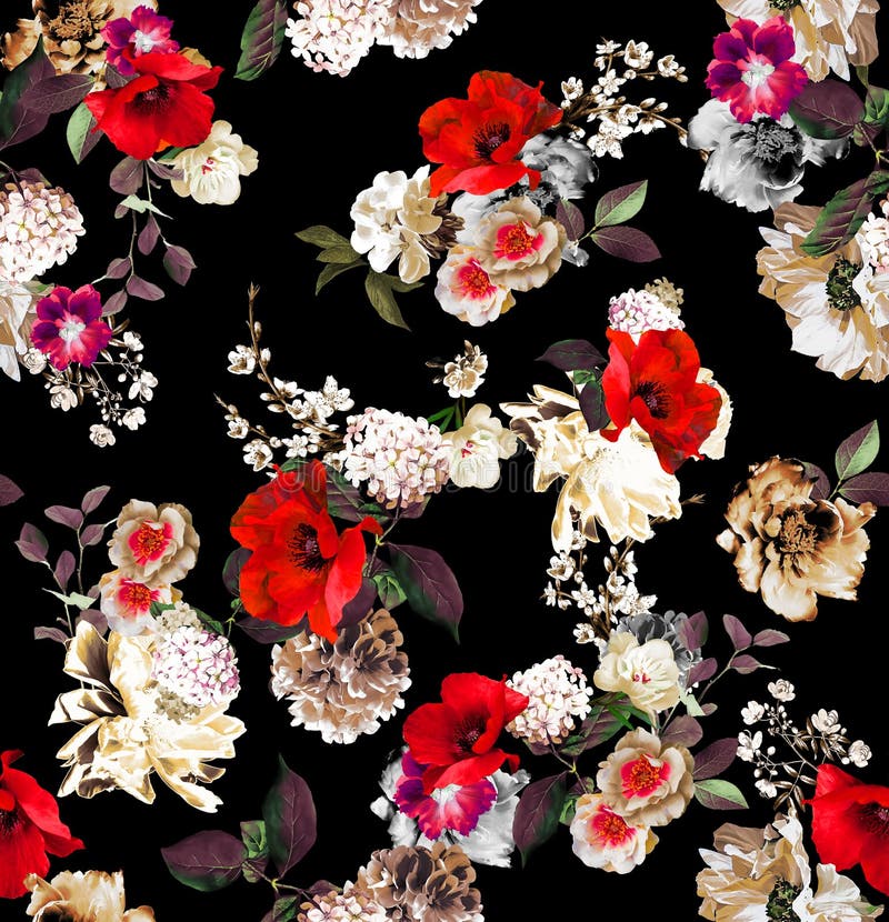 Seamless Colored Flowers for Textile; Retro Style Floral Arrangement ...