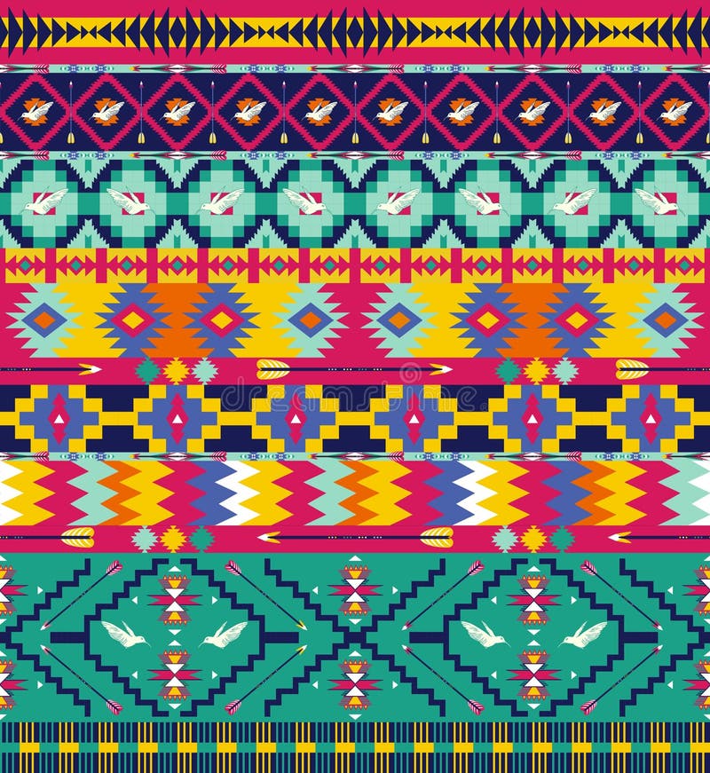 Senza cuciture colorate aztec pattern con uccelli, e la freccia.