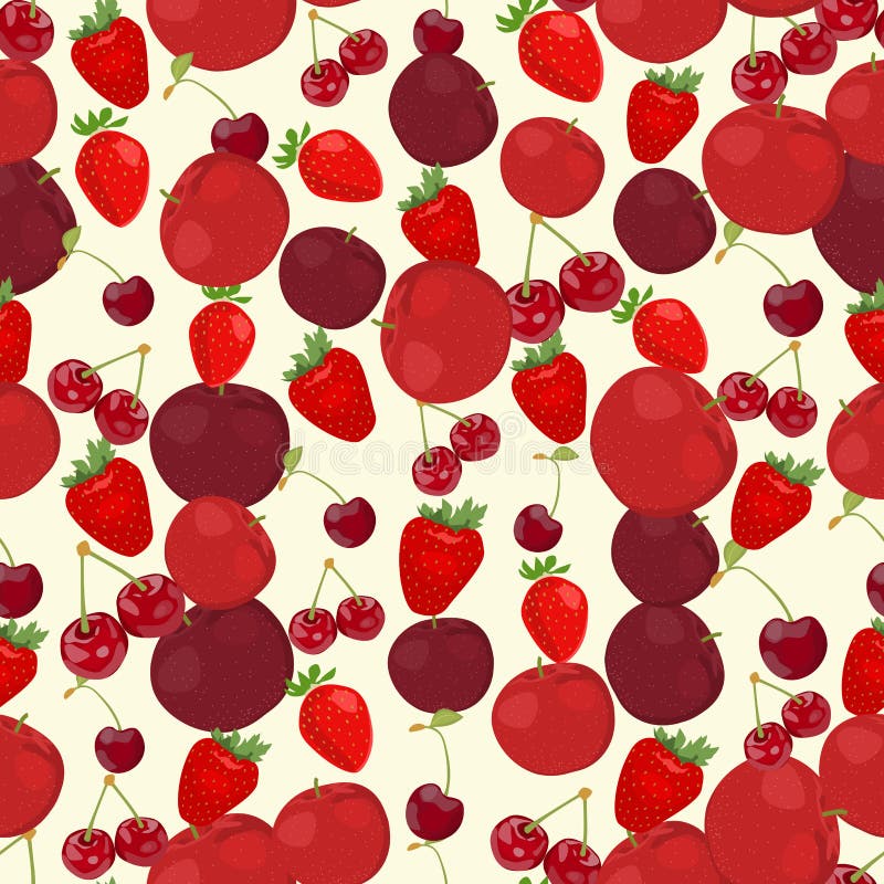 Seamless colorful background made of red apple, cherry and straw