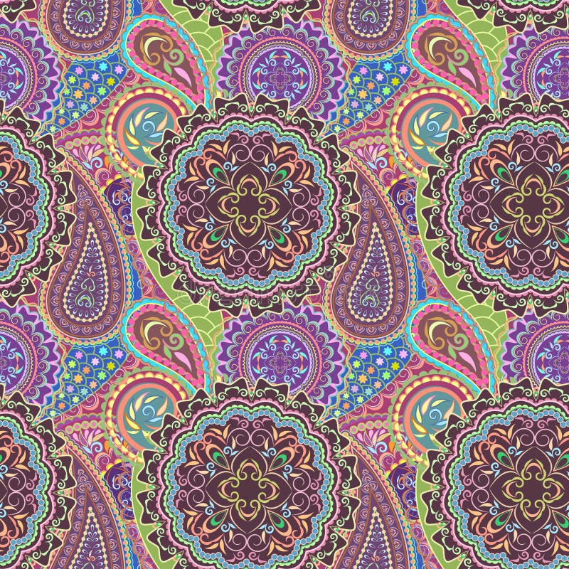 Seamless Colorful Bright Pattern with Paisley and Mandalas. Vector ...