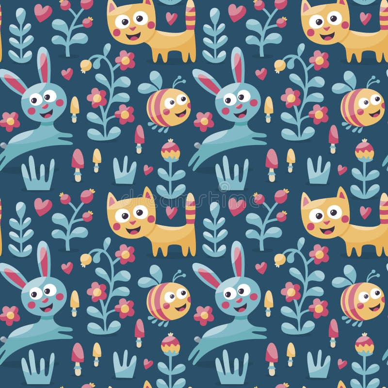 Seamless cute animal pattern made with cat, hare, rabbit, bee, flower, plant, leaf, berry, heart, friend, floral, nature