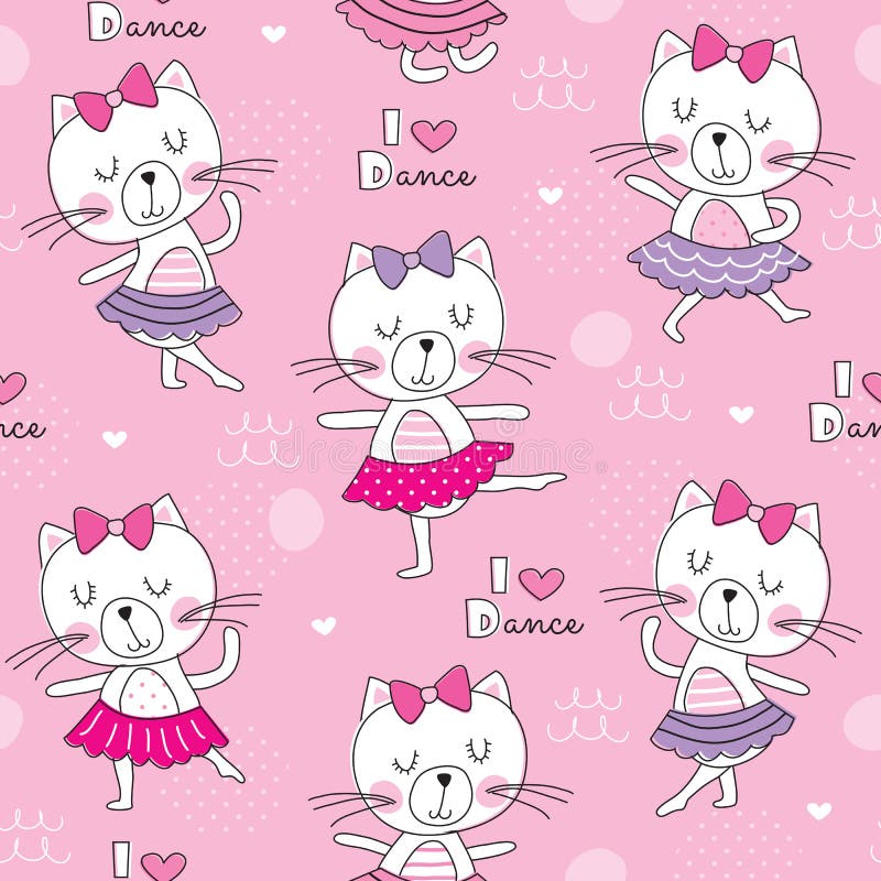 Seamless cute dance cat pattern vector illustration