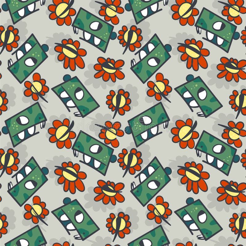 Seamless cute pattern with dinosurus and flowers royalty free illustration