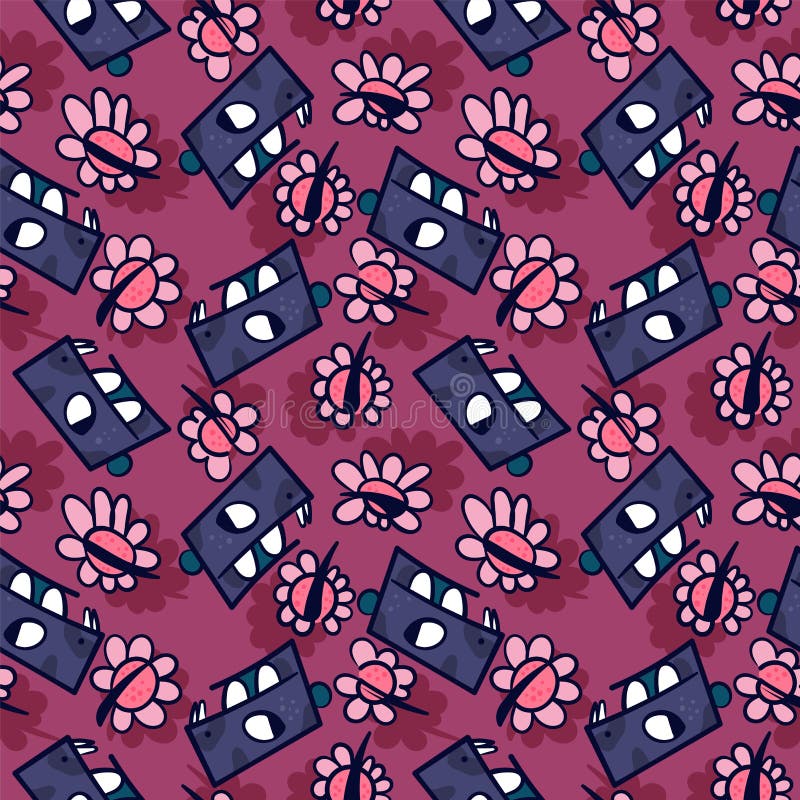 Seamless cute pattern with dinosurus and flowers royalty free illustration