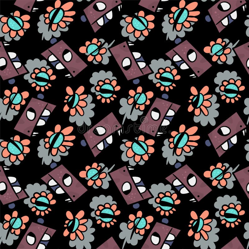 Seamless cute pattern with dinosurus and flowers royalty free illustration