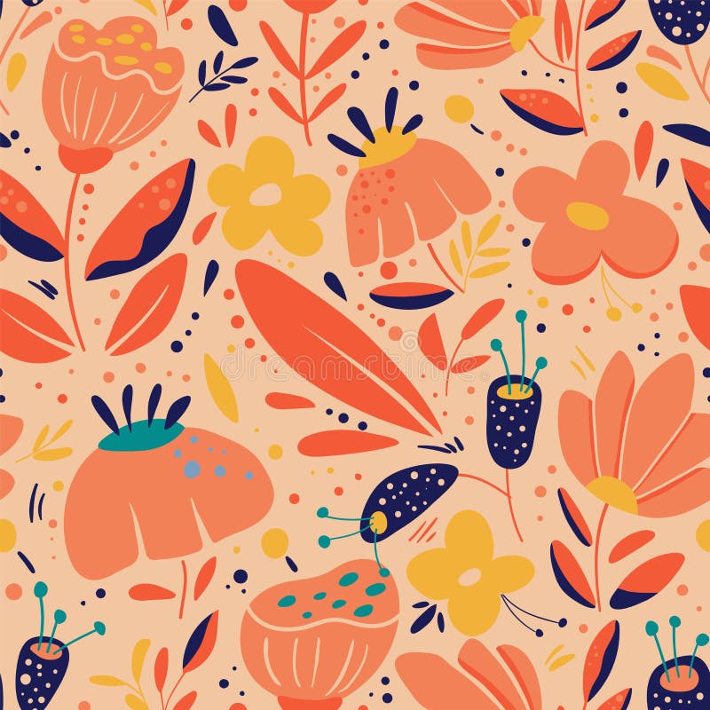 Seamless cute vector pattern with plants, leaves and flowers stock illustration