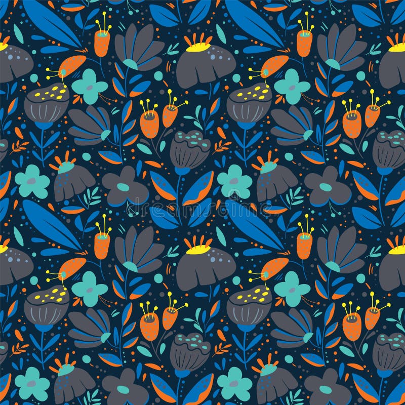 Seamless cute vector pattern with plants, leaves and flowers vector illustration