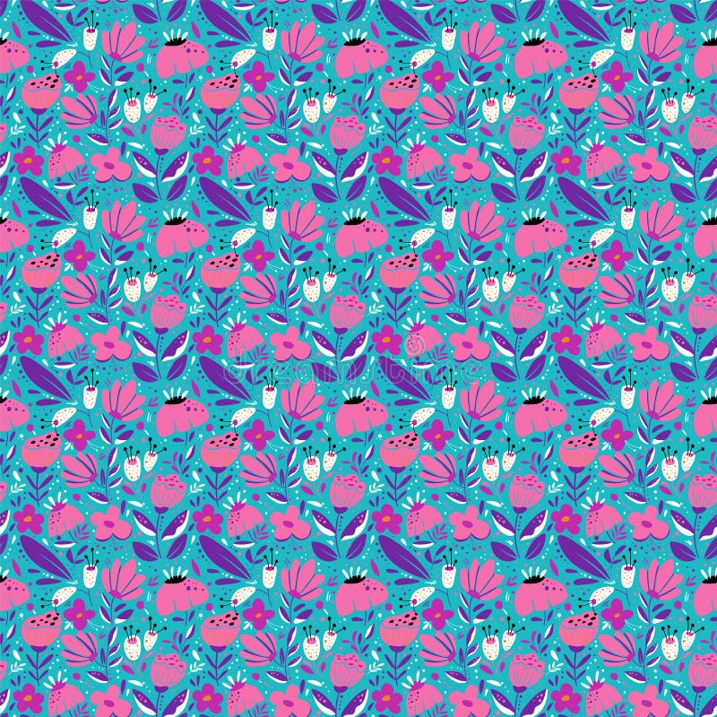 Seamless cute vector pattern with plants, leaves and flowers royalty free illustration