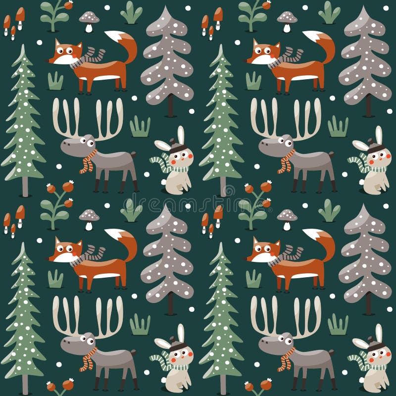 Seamless cute winter christmas pattern made with fox, rabbit, mushroom, moose, bushes, plants, snow, tree