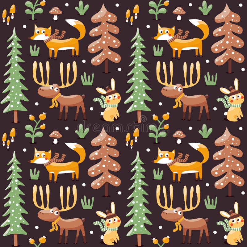 Seamless cute winter christmas pattern made with fox, rabbit, mushroom, moose, bushes, plants, snow, tree