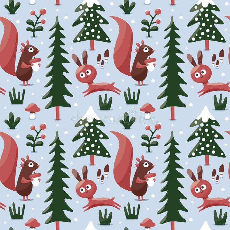 Seamless cute winter pattern made with squirrel, rabbit, mushroom, bushes, plants, snow, tree