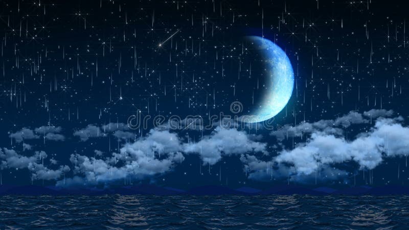 Seamless 3d animation of night sky with clouds and falling star light and giant crescent moon background screen saver