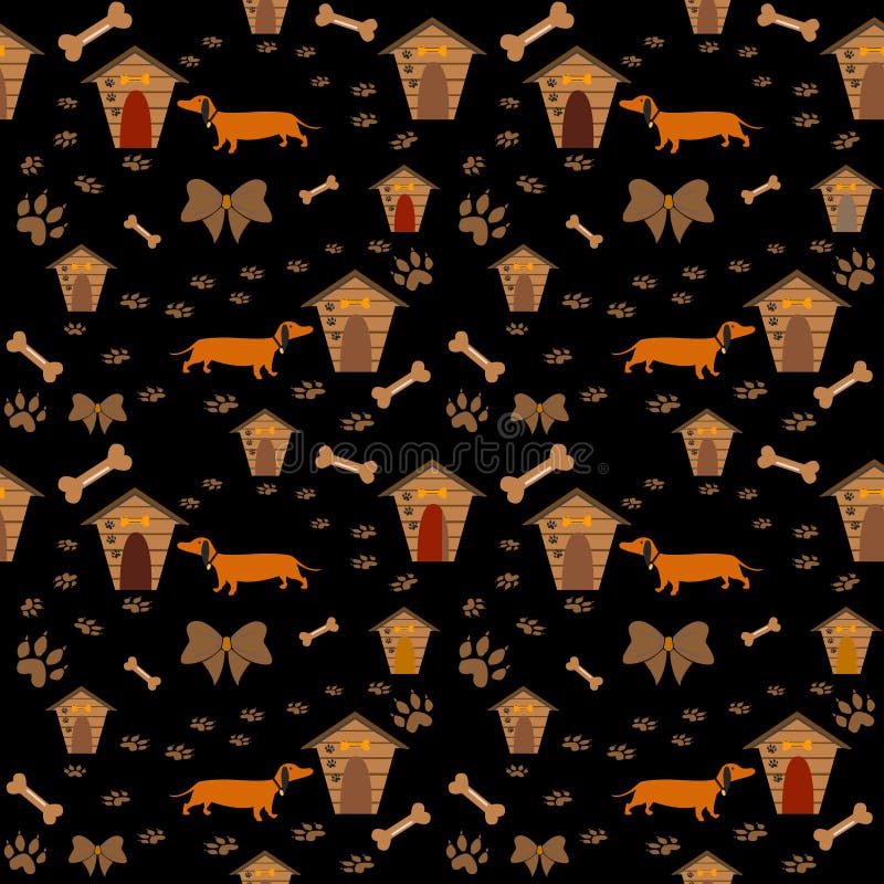 Seamless Dachshund Dog Pattern with Bones, Bows, Dog Houses and