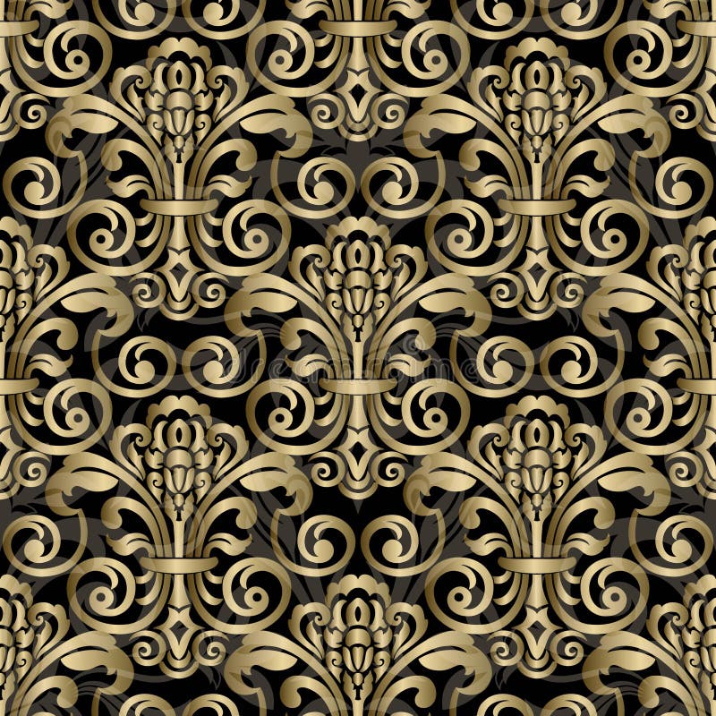 Black and Gold Digital Paper. Seamless Damask Pattern for Background or
