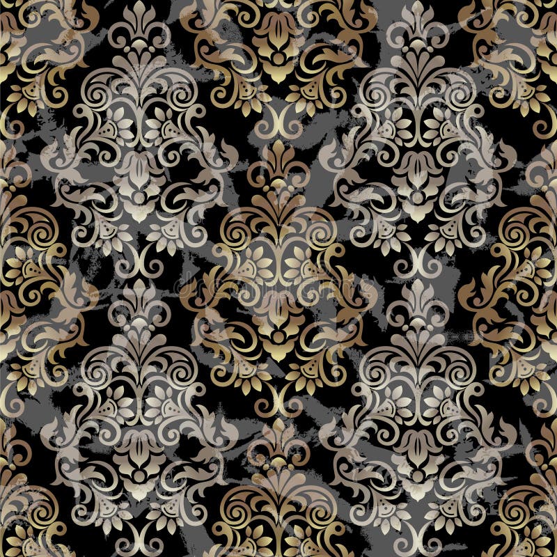Black and Gold Digital Paper. Seamless Damask Pattern for Background or