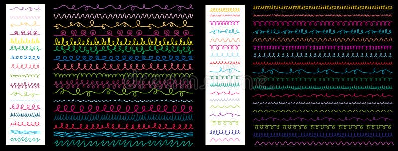 Seamless decorative doodle lines set of in hand drawn style colorful wavy curly and abstract line patterns isolated on dark light ilustração royalty free