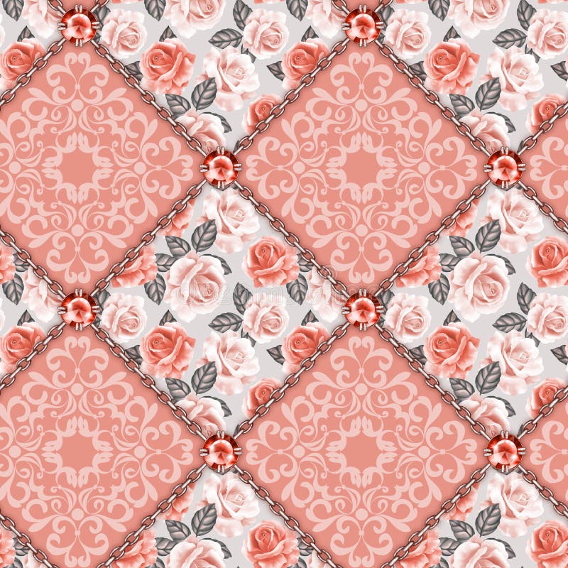 Seamless Decorative Pattern with Roses and Chains Stock Illustration
