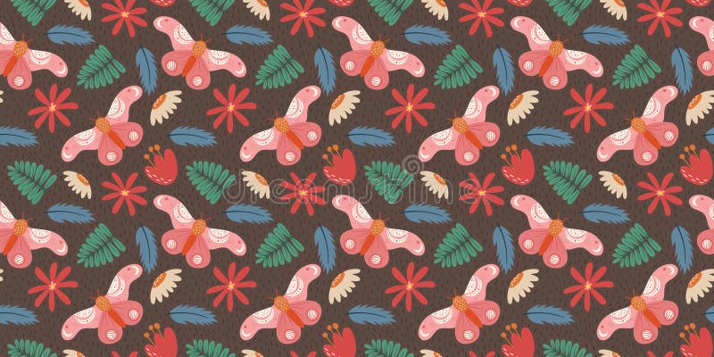 Seamless design with a whimsical moth, flowers, and leaves. Scandi style delicate folk recurring pattern suitable for stock photo