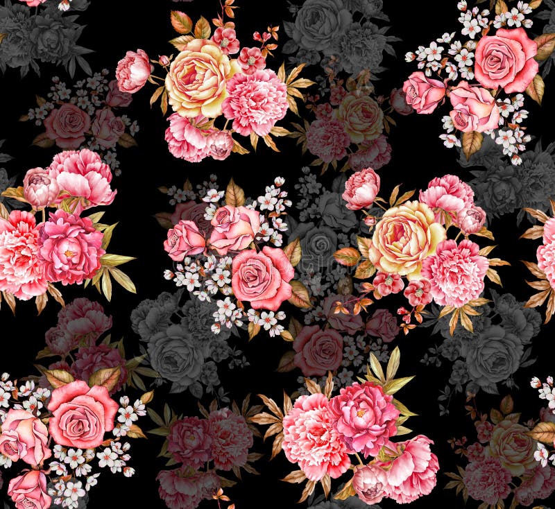 Seamless Digital Flower Pattern - Beautiful Textile Design Black Background stock illustration