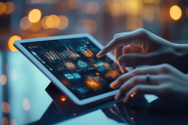 Seamless Digital Marketing: Man Streaming Data on iPad, Wireless Projection, Modern Tech, Business Strategy, Innovation royalty free illustration