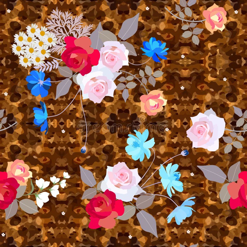 Seamless ditsy floral pattern with cute bouquets of roses, cosmos and bell flowers on ornate brown background royalty free illustration Seamless ditsy floral pattern with cute bouquets of roses, cosmos and bell flowers on ornate brown background royalty free illustration
