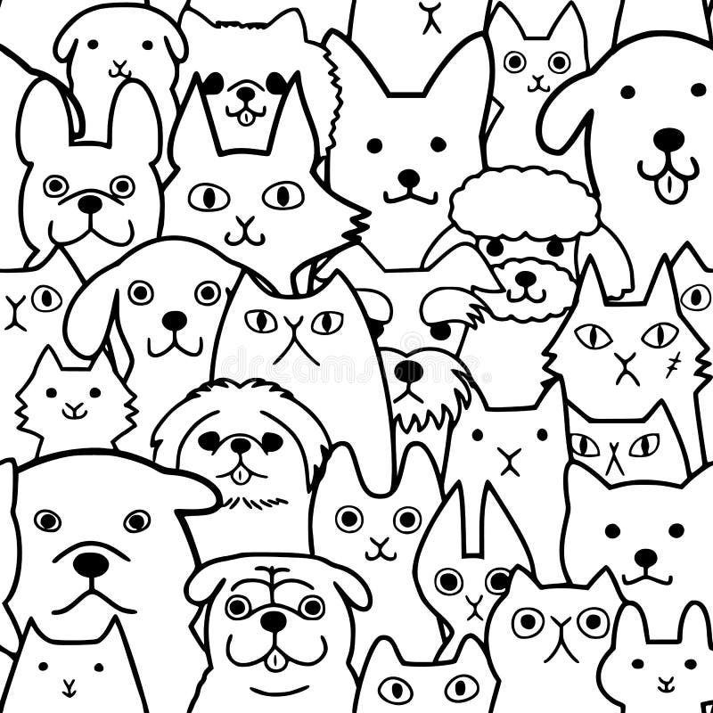 Seamless doodle cats and dogs lineart background