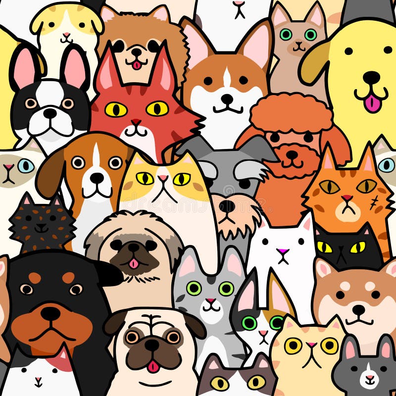 Seamless doodle cats and dogs colorful background