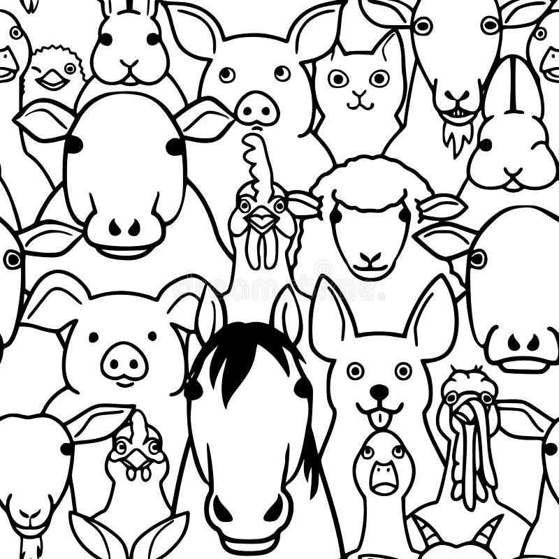 Seamless Doodle Farm Animals Faces Line Art Background Stock Vector -  Illustration of group, livestock: 123867212