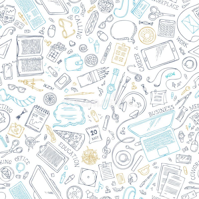 Seamless Pattern Of Gadgets And Office Supplies. Hand-drawn