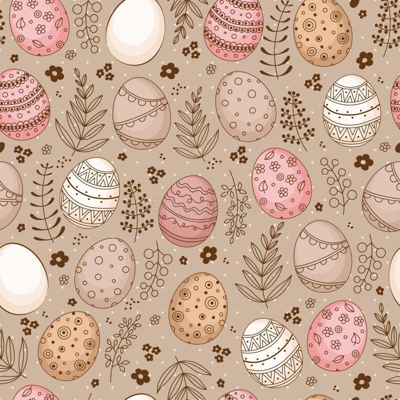 Seamless pattern with easter eggs and twigs of different flowers