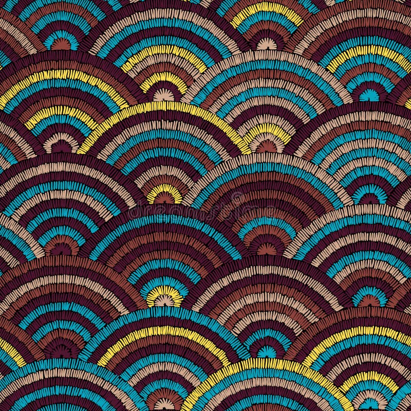 Seamless embroidered pattern. Wavy bohemian print. Patchwork ornament. Yellow, brown and blue colors. vector illustration Seamless embroidered pattern. Wavy bohemian print. Patchwork ornament. Yellow, brown and blue colors. vector illustration
