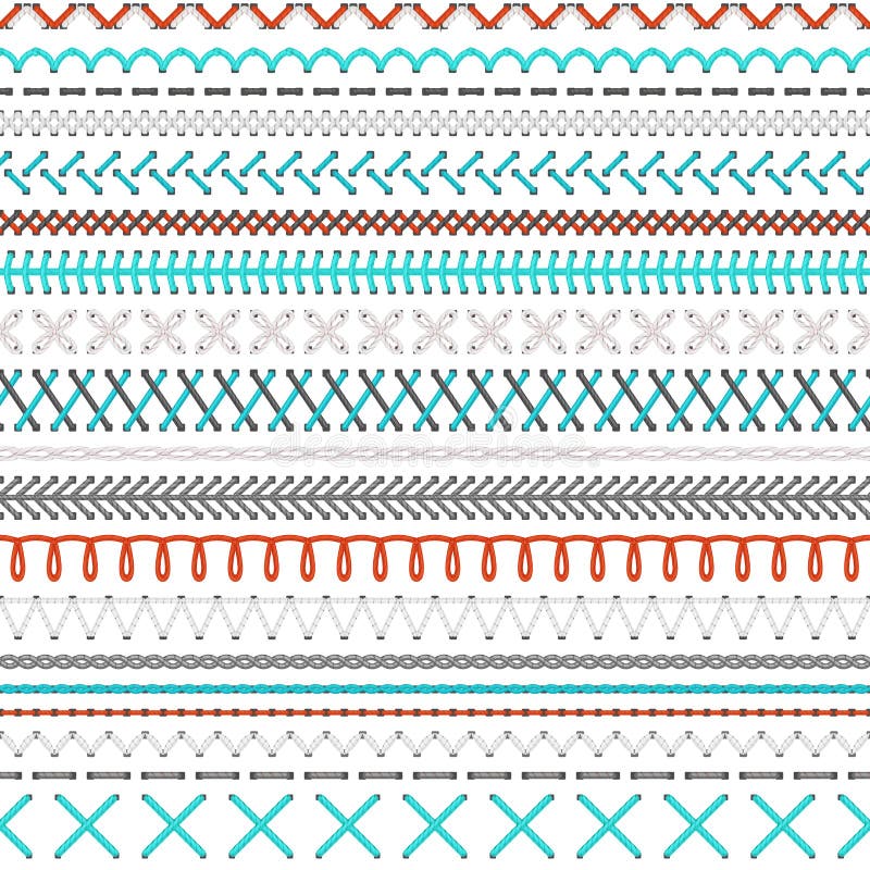 Embroidery Stitches Vector Seamless Patterns and Borders Set Stock ...
