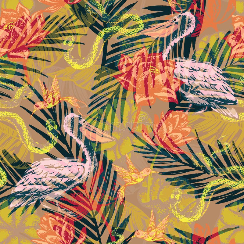 Seamless Exotic Pattern with Abstract Palm Leaves and Tropical a Stock